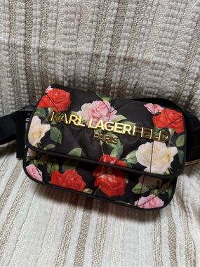Karl Lagerfeld Quilted Floral Bag - Black with Red, Pink & Cream Roses